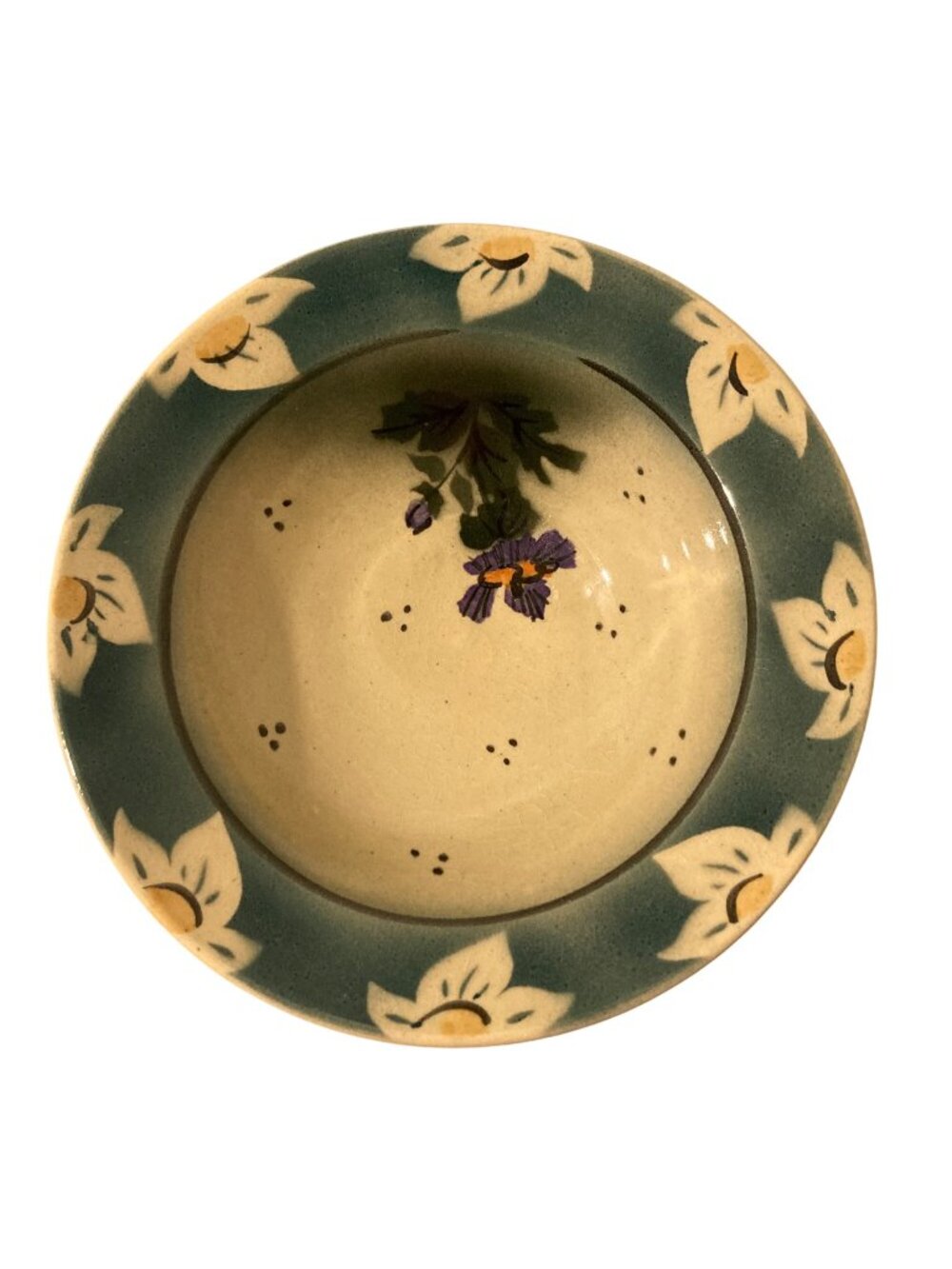 Signed Art Pottery Bowl Green and Purple Florals